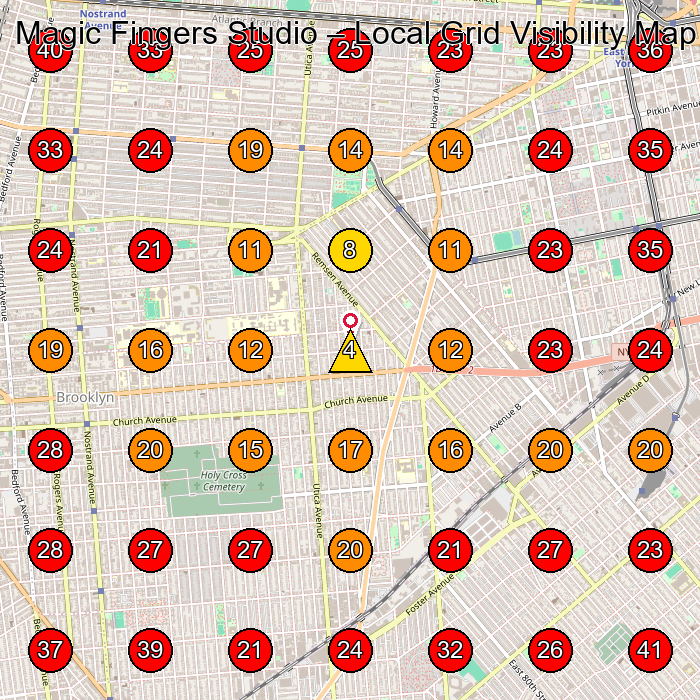 Magic Fingers Studio GeoGrid visibility map for Hair Salon in Brooklyn